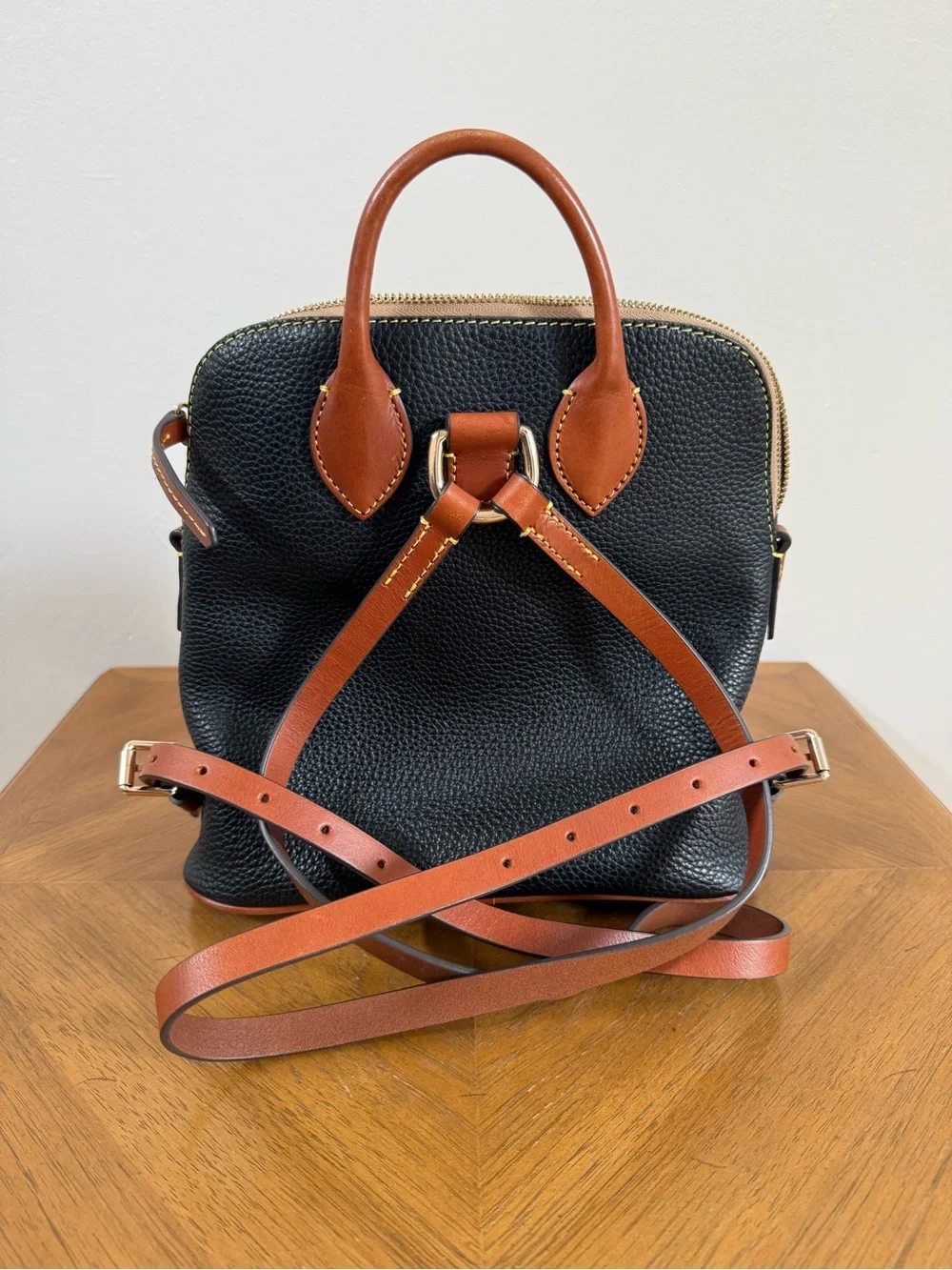 Dooney & Bourke Black Backpack with Brown Trim and Gold Hardware